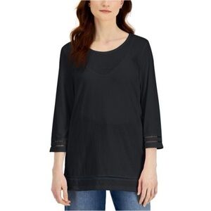 Karen Scott Scoop Neck 3/4 Sleeve Modal Cotton Lattice-Trim Long Length Top